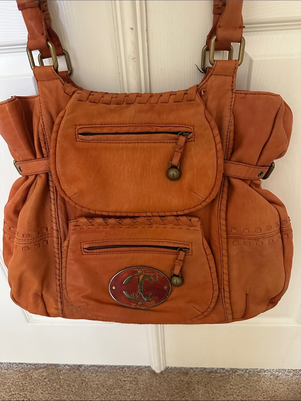 Vintage Just Cavalli Burnt Orange Boho Leather Shoulder Bag with Braided Handle